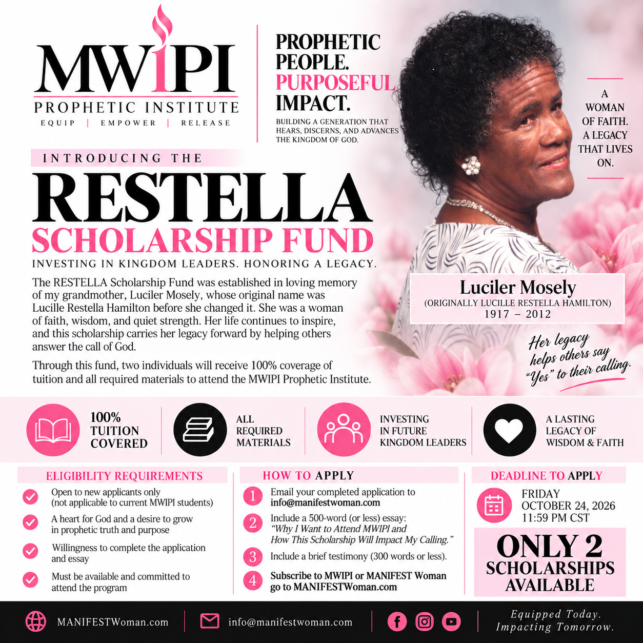 RESTELLA Scholarship Fund — two full scholarships to the MWIPI Prophetic Institute, apply by Friday, October 24, 2026
