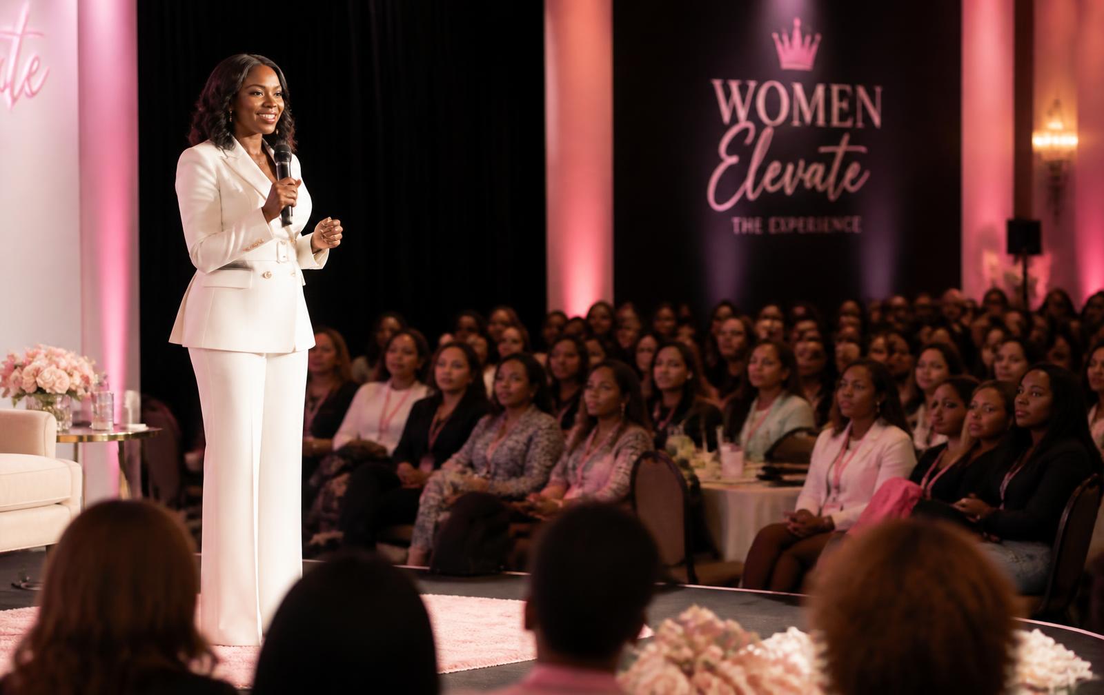A woman speaking on stage at a women's conference